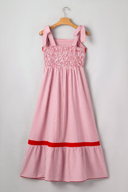 Red Stripe Bow Knot Straps Contrast Trim High Waist Ruffle Hem Maxi Dress- I am a Fashion Junky- {{Product type}}
