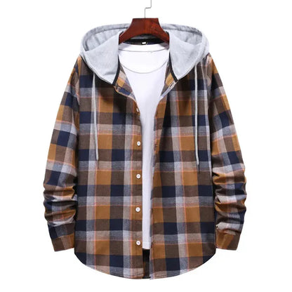 Work Shirt With Hood Mens Plaid Hoodie Shirt brown