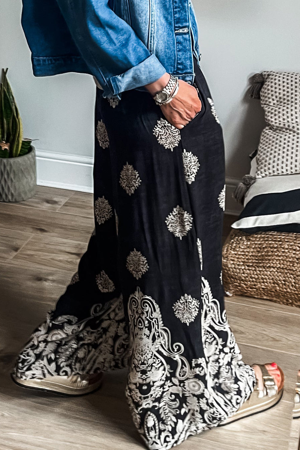 Black Bohemian Printed Drawstring Waist Wide Leg Pants - - Bottoms/Pants & Culotte
