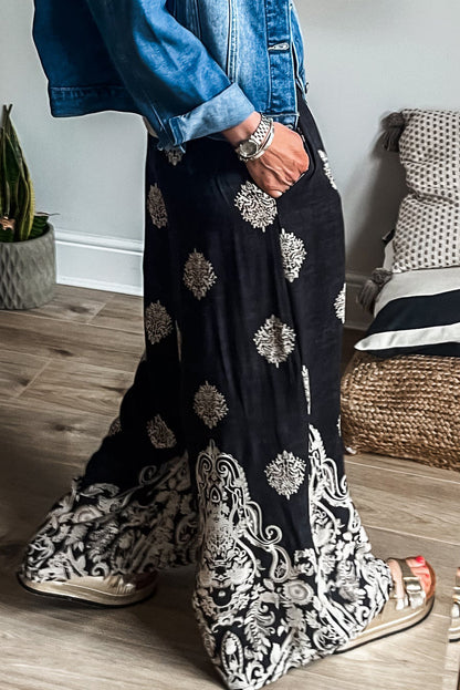 Black Bohemian Printed Drawstring Waist Wide Leg Pants - - Bottoms/Pants & Culotte