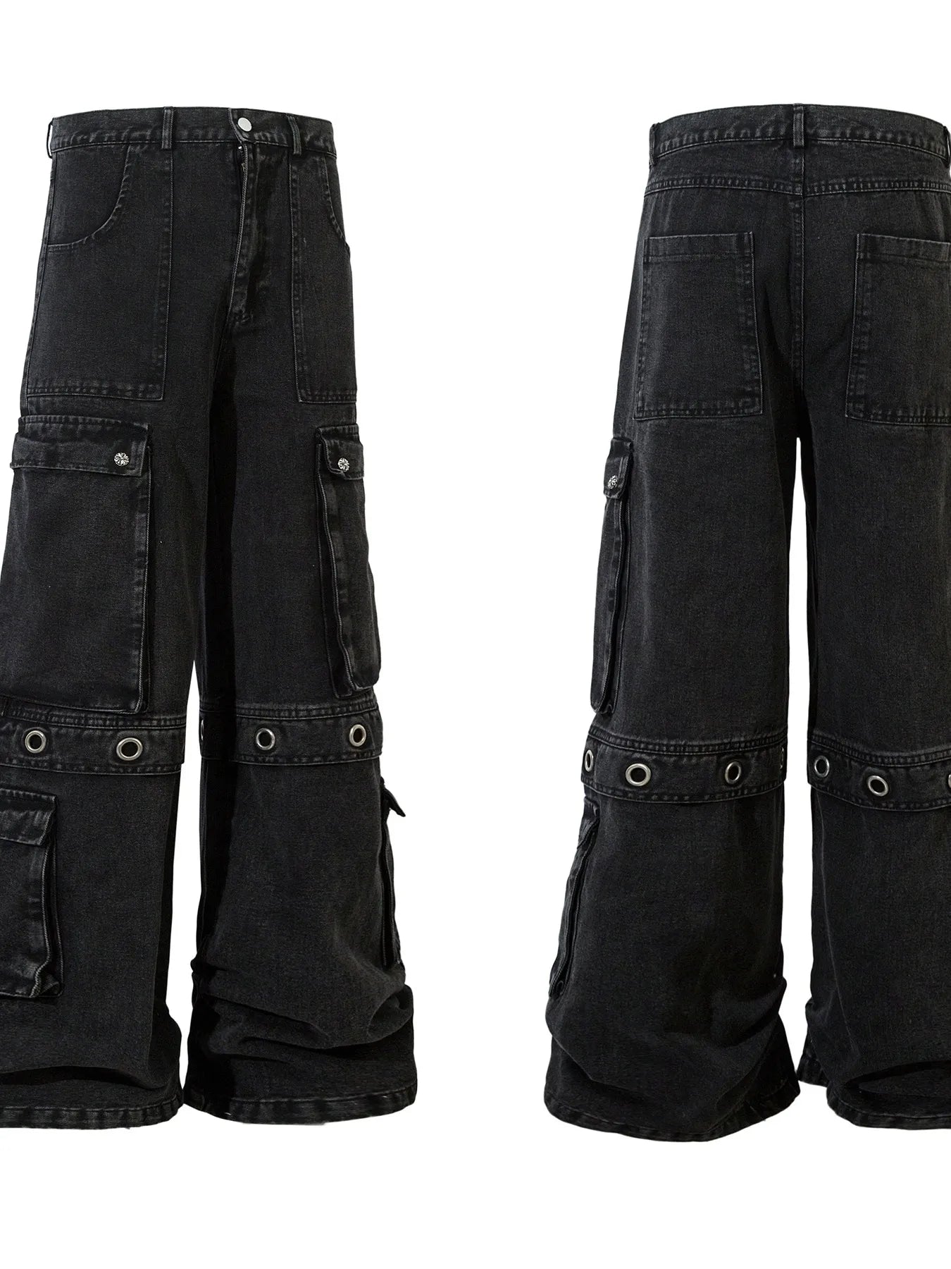 Men's Wide Leg Cargo Denim Jeans with Multi Pockets - -