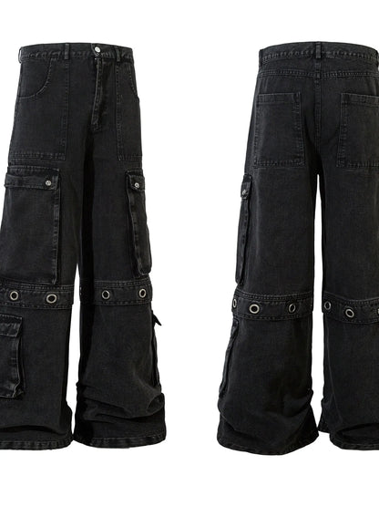 Men's Wide Leg Cargo Denim Jeans with Multi Pockets - -