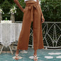 Solid Slant Pocket Belted Pant Women Trousers High Waist Casual Wide Leg Pants Orange