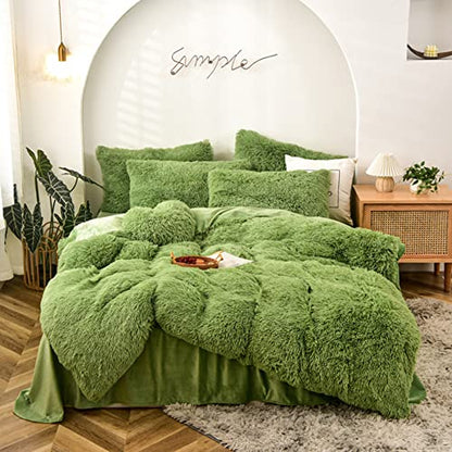 Gusuhome 6-Piece Plush Faux Fur Comforter Set Full Size - Green Full-6pcs - duvet set