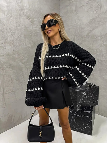Contrast Round Neck Long Sleeve Sweater - -