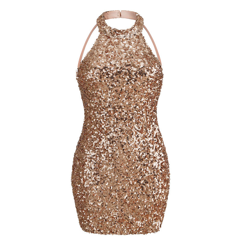Backless Halter Sequined Mini Skirt Party Dress - - dress