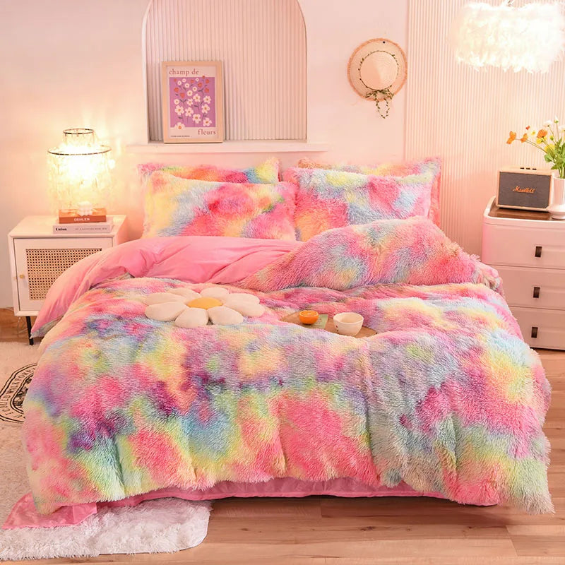 Rainbow Color Velvet Fluffy Plush Soft Bedding Bed Warm for Girl Sheet Set 4