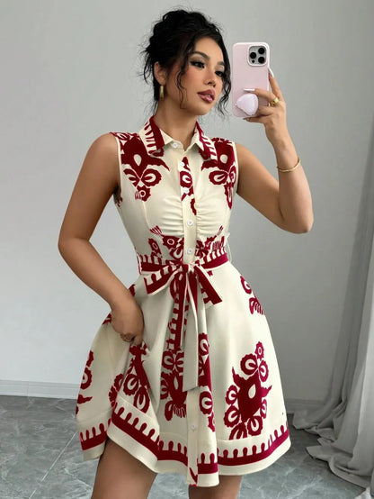 Printed Sleeveless Button Front Dress - -