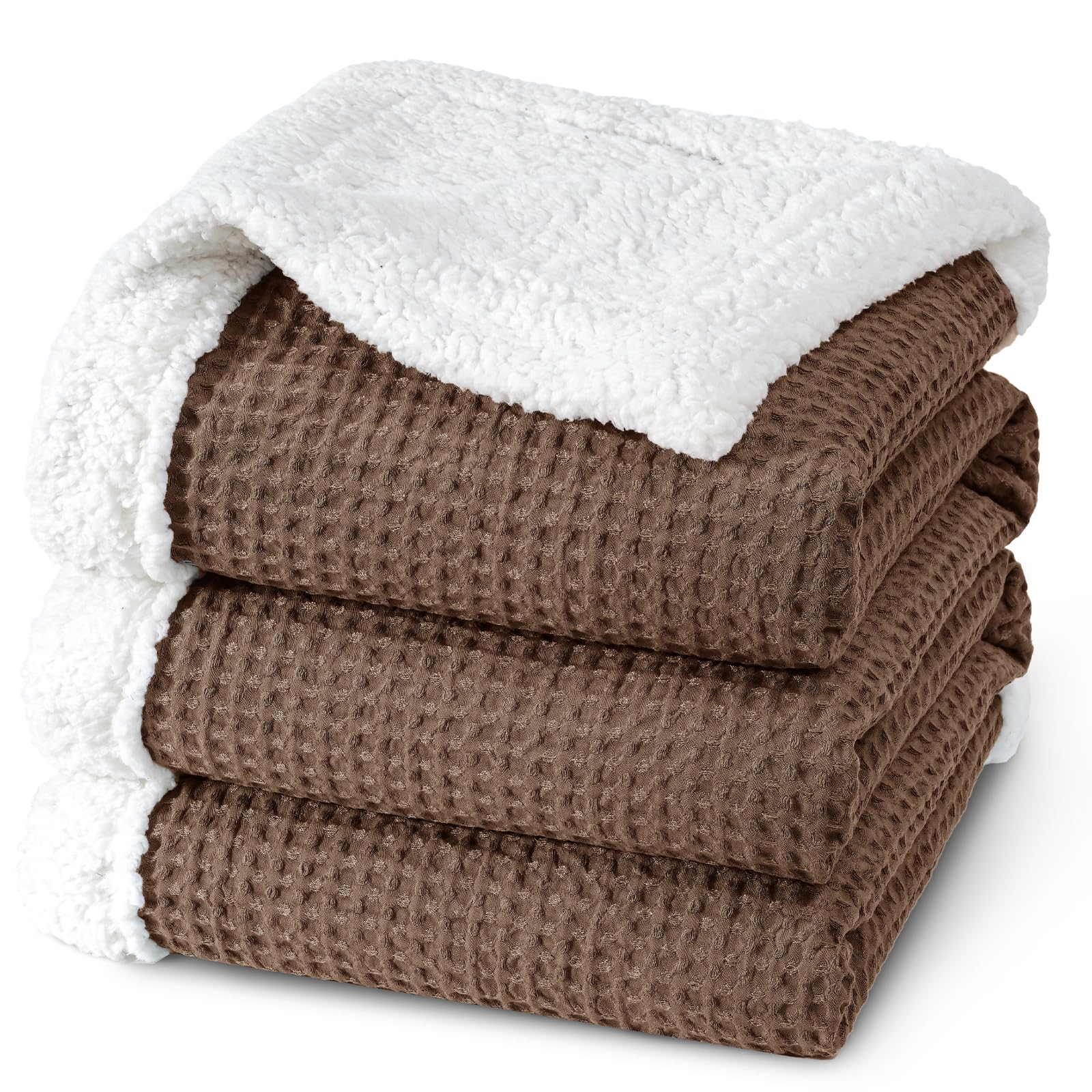 PHF Cocoa Brown Reversible Waffle Sherpa Blanket Queen Size - - blanket