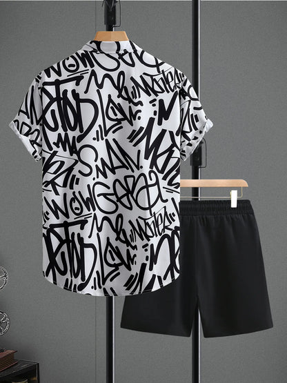 Men's Letter Print Shirt and Shots Set - -