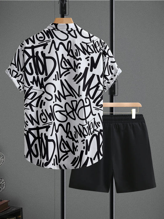 Men's Letter Print Shirt and Shots Set - -