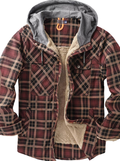 Men's Snap Down Plaid Flannel Hooded Jacket - -