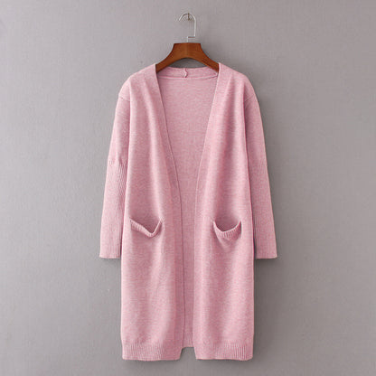 Long Sleeve Tri-Color Knit Sweater Mosaic Stripe Open Front Cardigan Pink