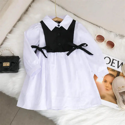 Girls Long Sleeve Casual Princess Bow Dress black white