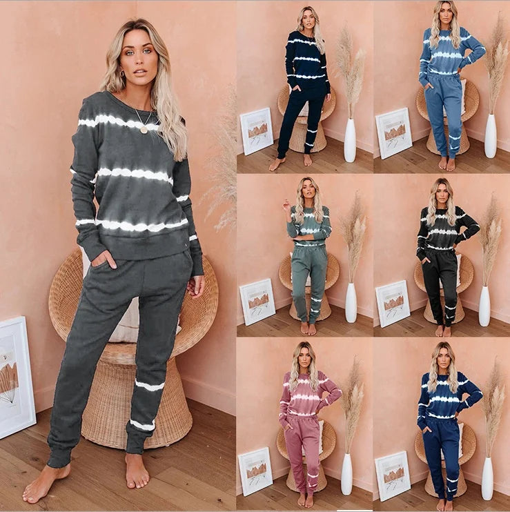 Women's 100% Polyester Plain Striped Tie Dyed Sleepwear Quick Dry Pajama Sets