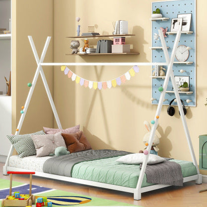Metal Twin Size House Platform Bed With Triangle Structure - White - bed frame