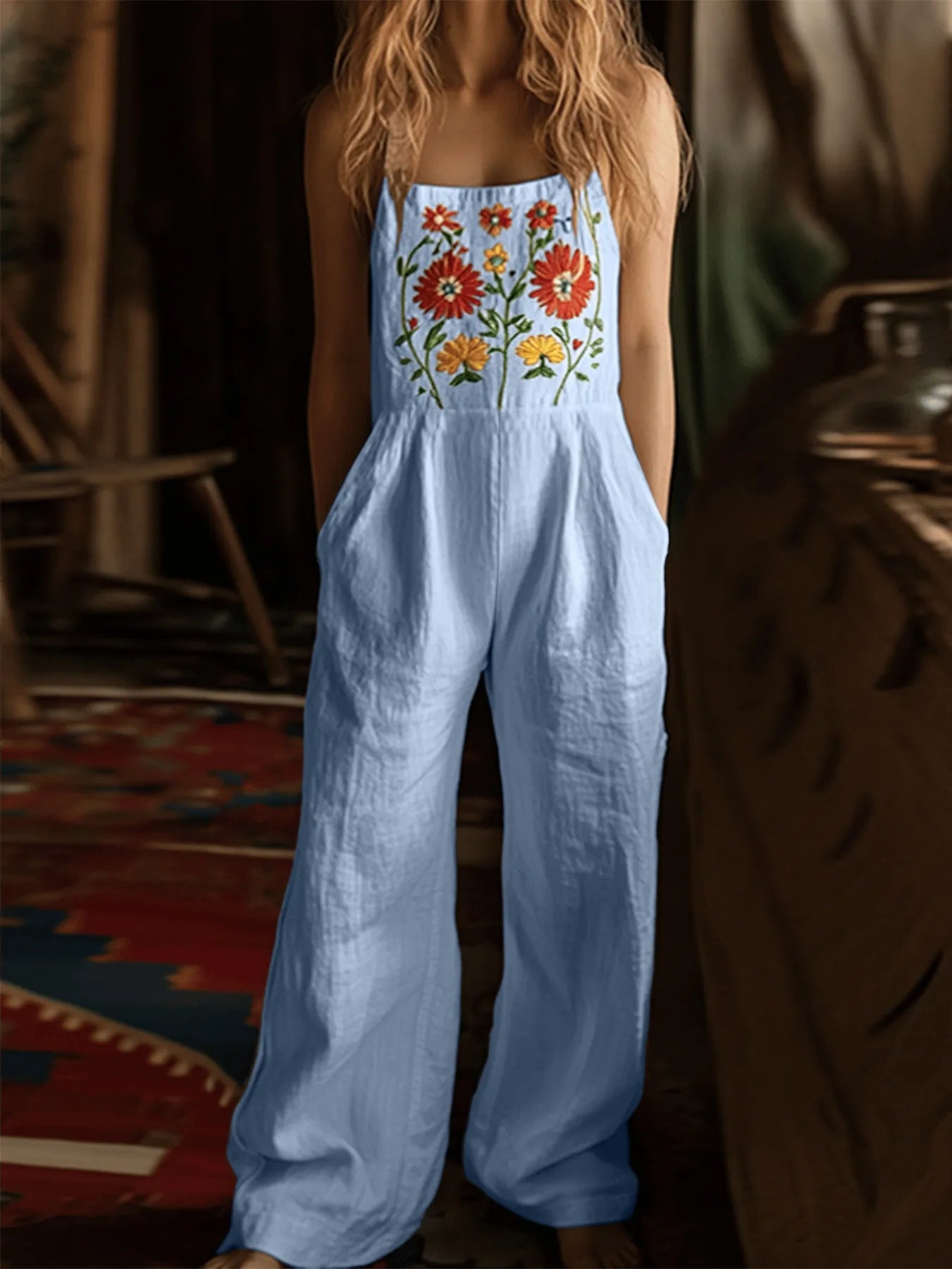 Floral Embroidered Wide Leg Jumpsuit - -