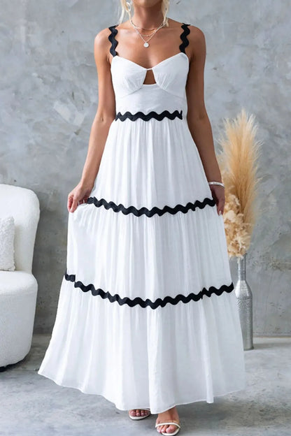 Tiered Maxi Dress with Scalloped Trim - White -