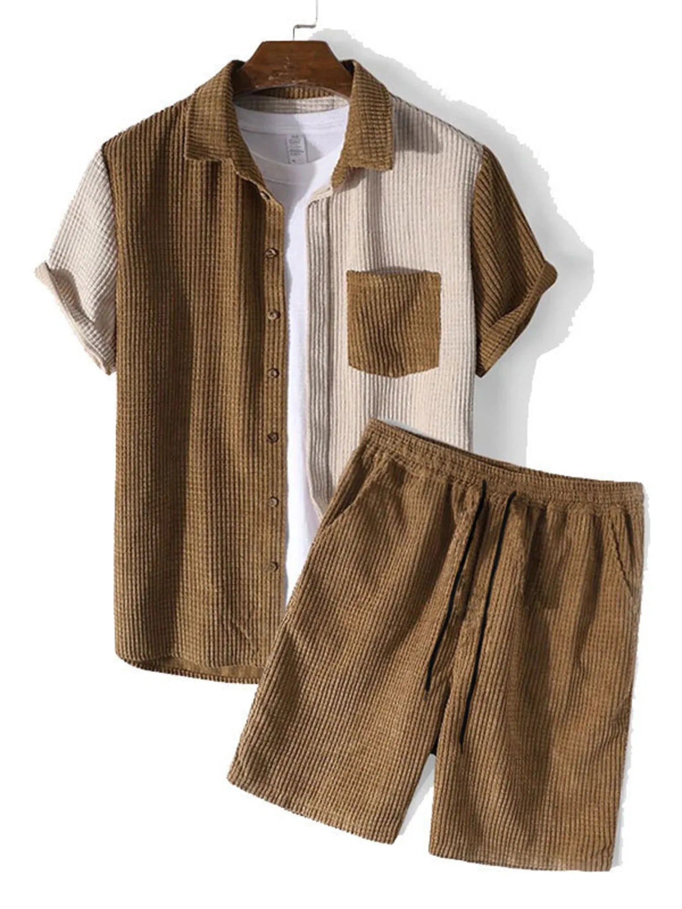 Men's Full Size Contrast Shots Sleeve Shirt and Shorts Set Plus Size - Brown -