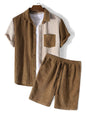 Men's Full Size Contrast Shots Sleeve Shirt and Shorts Set Plus Size - Brown -