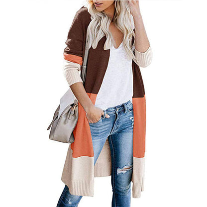 Long Sleeve Tri-Color Knit Sweater Mosaic Stripe Open Front Cardigan Brown