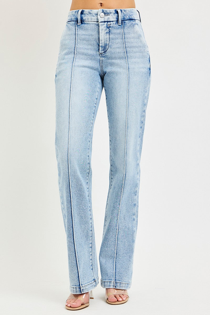 RISEN Tummy Control High Rise Straight Pin Tuck Jeans - - jeans