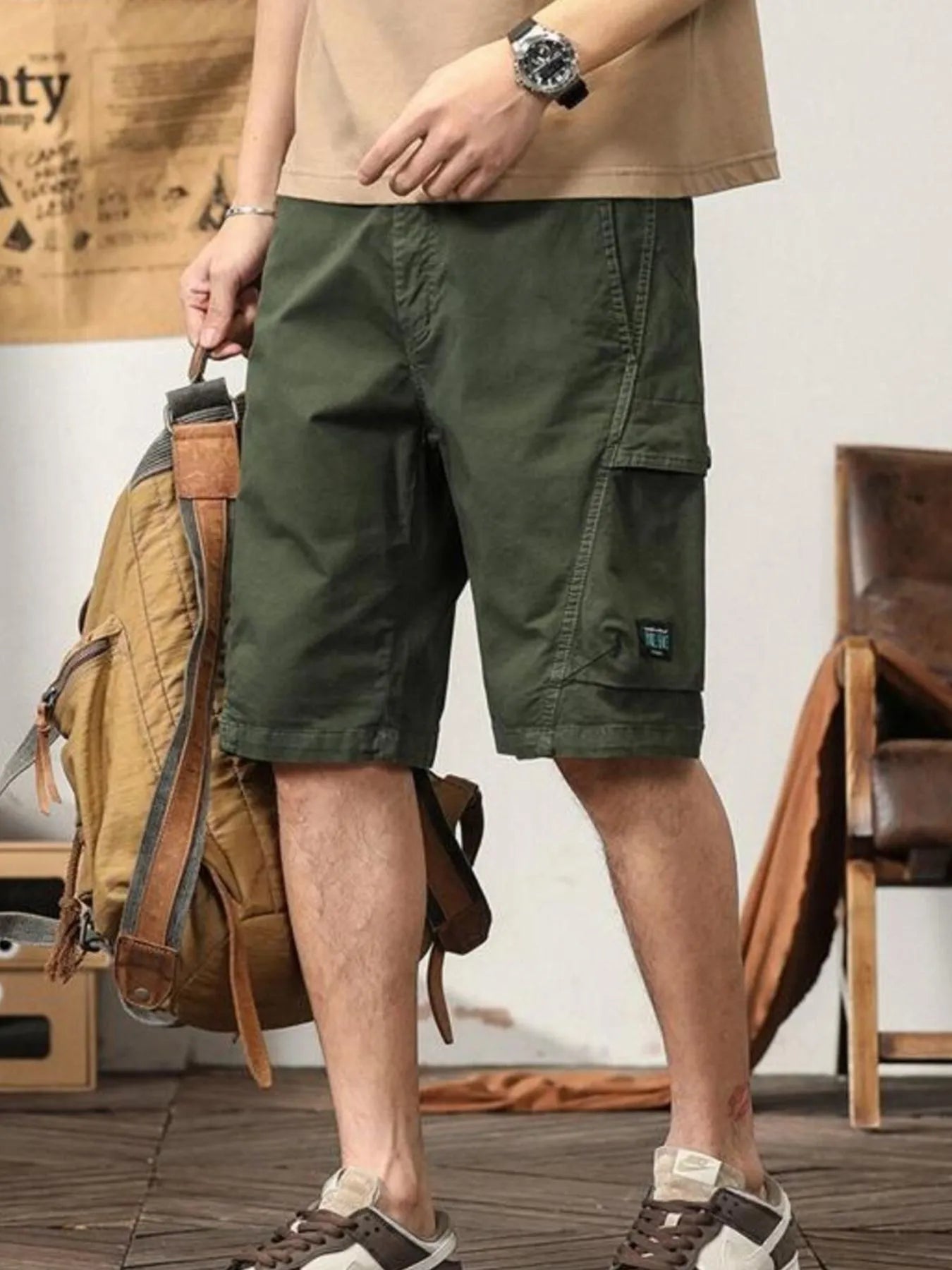 Men's Loose Fit Cargo Shorts - Army Green -