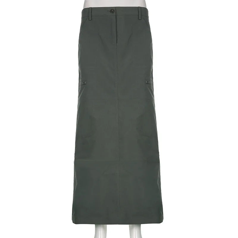 Casual Baggy Loose Cargo Skirts Big Pockets Drawstring Hem Low Waist Long Skirt