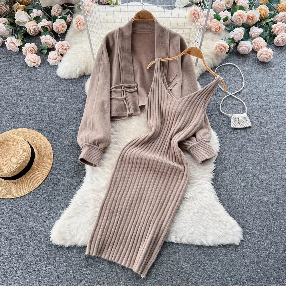 Knitting Suit Women's Short Sweater Shawl Coat+suspender Dress Two-Piece Set