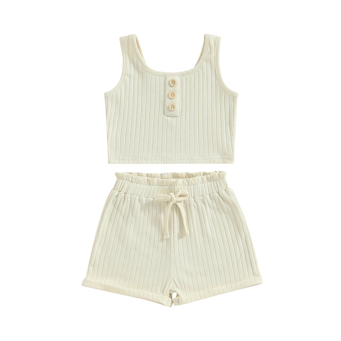 Solid Color Tank and Ribbed Drawstring Shorts Set white