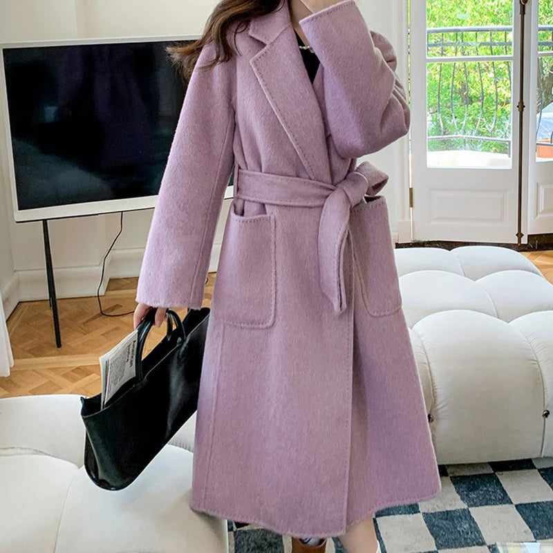 Big Turn Down Collar Cashmere Coat Ladies Pure Color Wool Coat Women Winter Coat