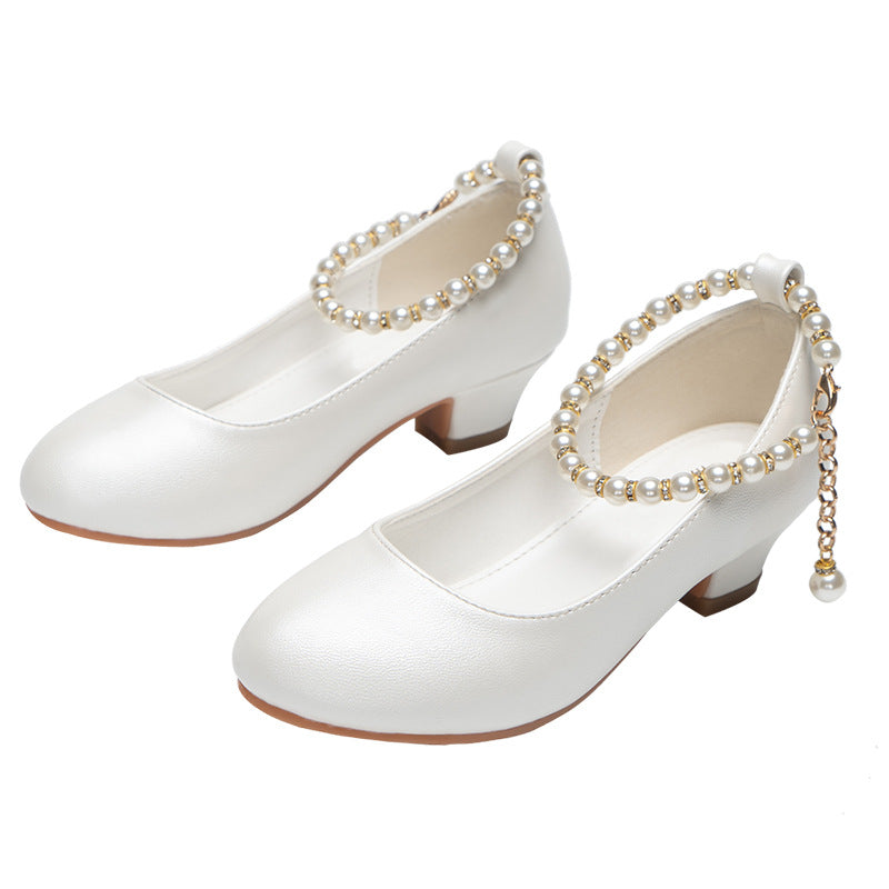 Girls High-Heeled Leather Wedding Dress Shoes - - shoes