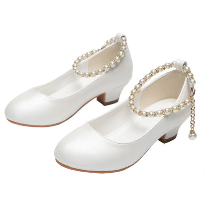Girls High-Heeled Leather Wedding Dress Shoes - - shoes