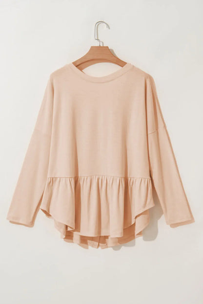 Curved Hem V-Neck Long Sleeve Top - -