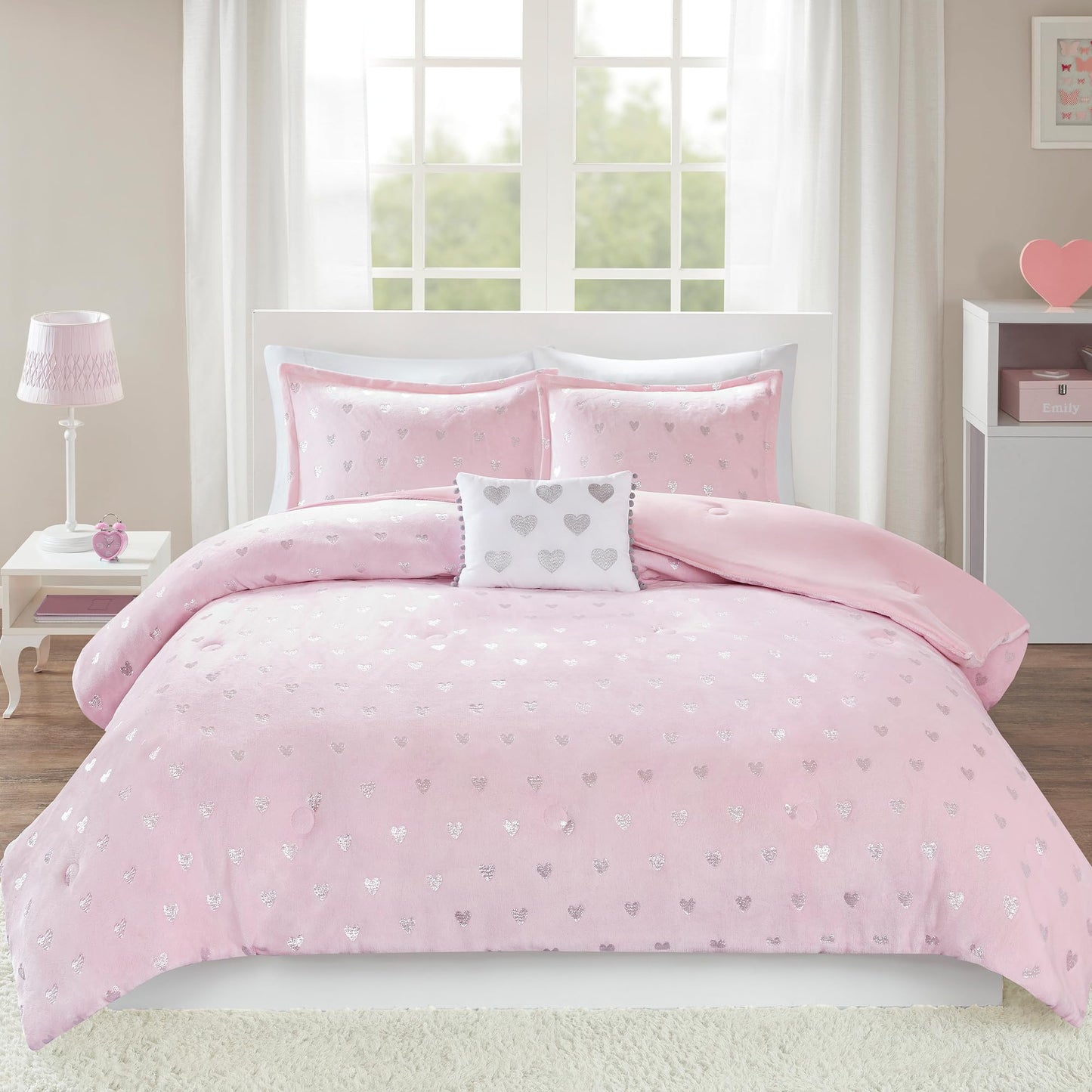 Mi Zone Rosalie Pink Plush Heart Comforter Set Twin XL - Pink Silver Twin Twin XL - comforter