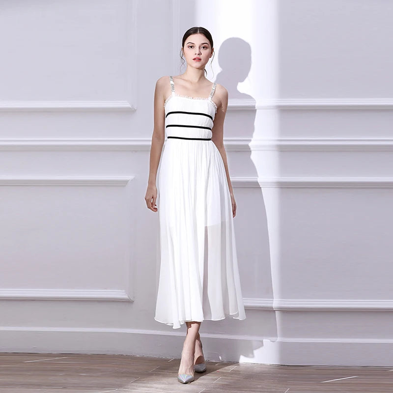 Backless Long White Strap Women Party Dress Made of Chiffon