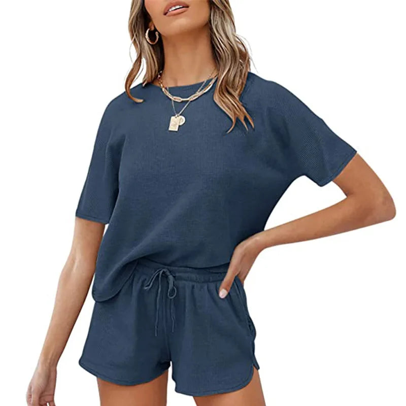 Loungewear Sets Waffle Solid Two Piece Casual Home Wear Shorts Sets T Shirt