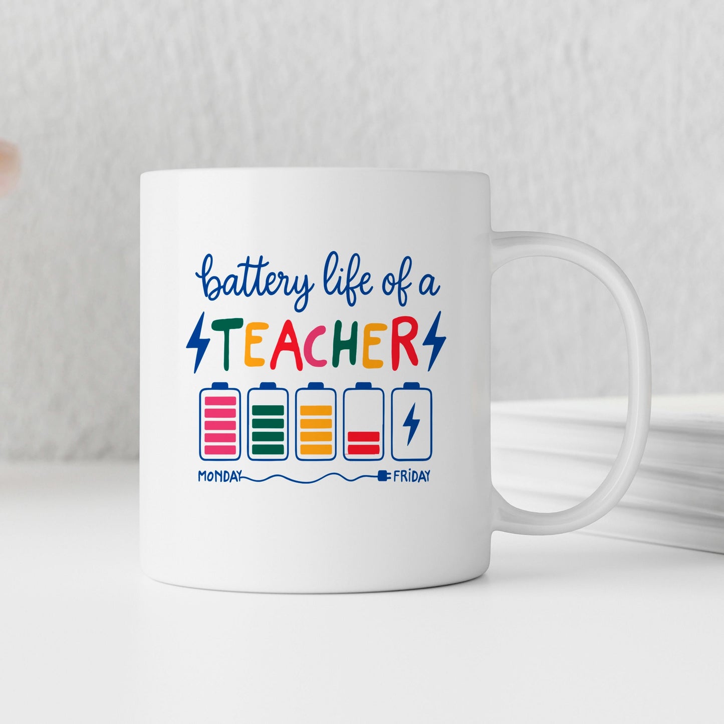 Funny Teacher Mug - Colorful Battery Graphic Ceramic Coffee Cup | Teacher Appreciation Gift - -