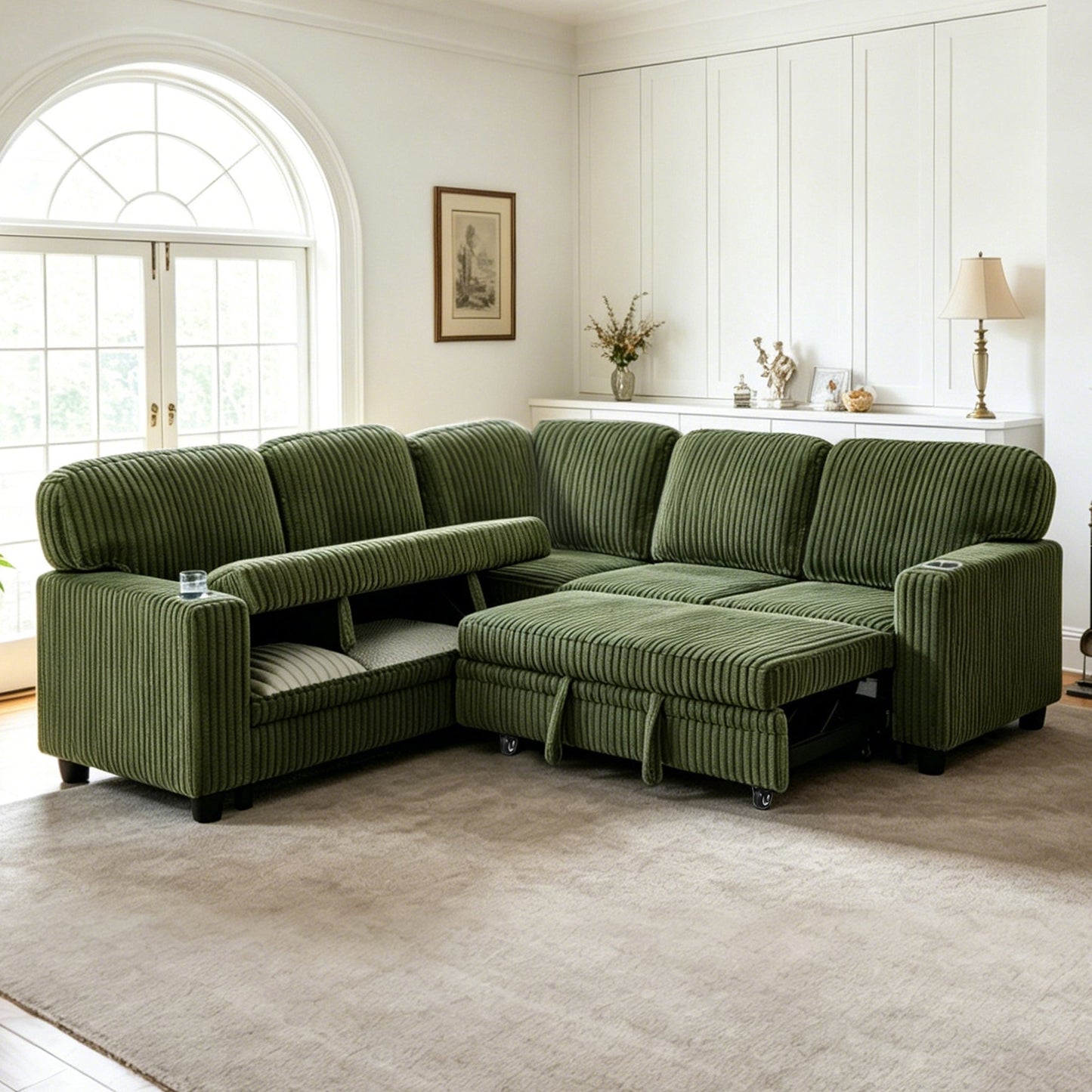 Sofa Bed L-Shape Corduroy Olive Green 5 Seat Pull-Out USB Ports 81 In- NIKKI CASA- {{Product type}}