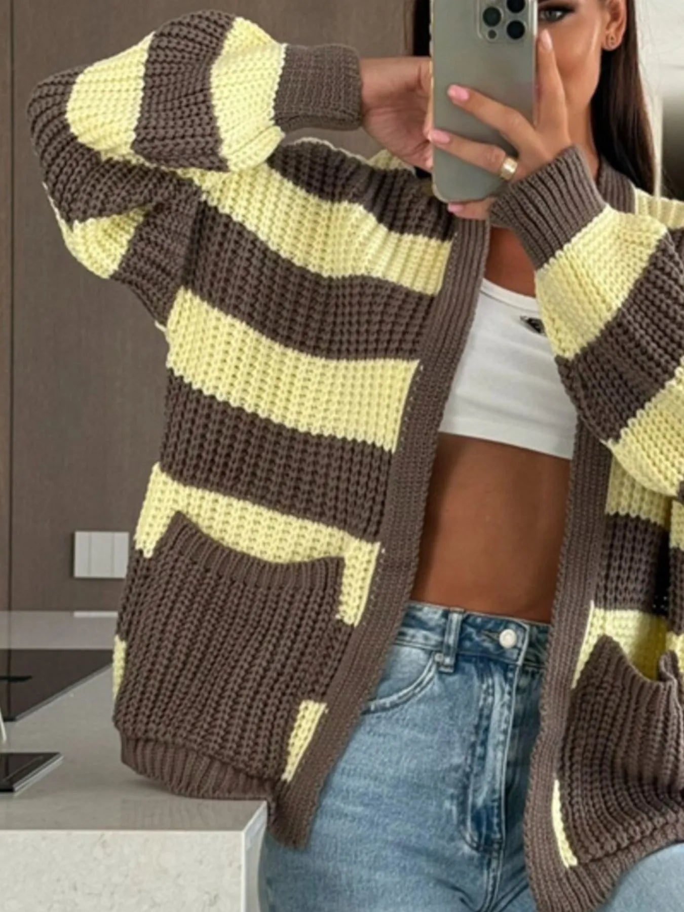Striped Open Front Long Sleeve Cardigan - -