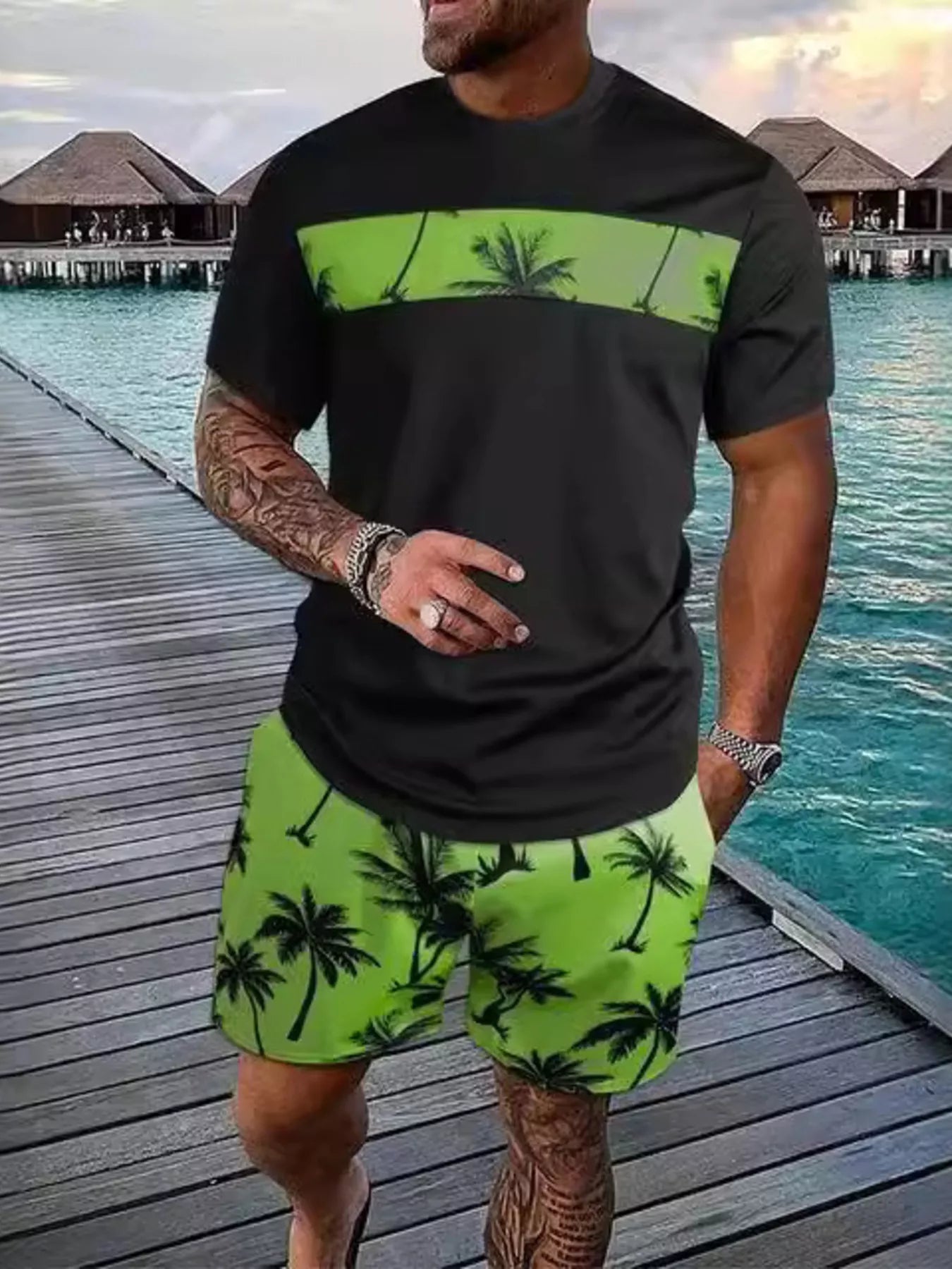 Men's Full Size Tropical Palm Tree Tee and Shorts Set Plus Size - Moss -