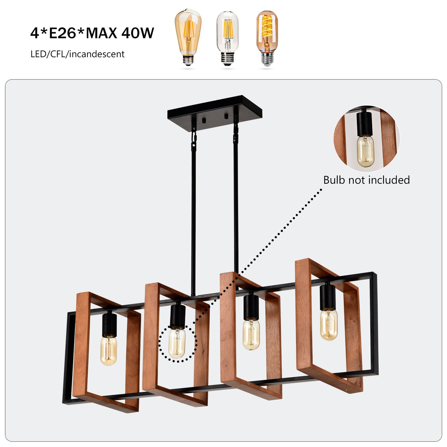 Rustic Wood And Black Metal 4-Light Kitchen Island Dining Room Light Fixture - - light