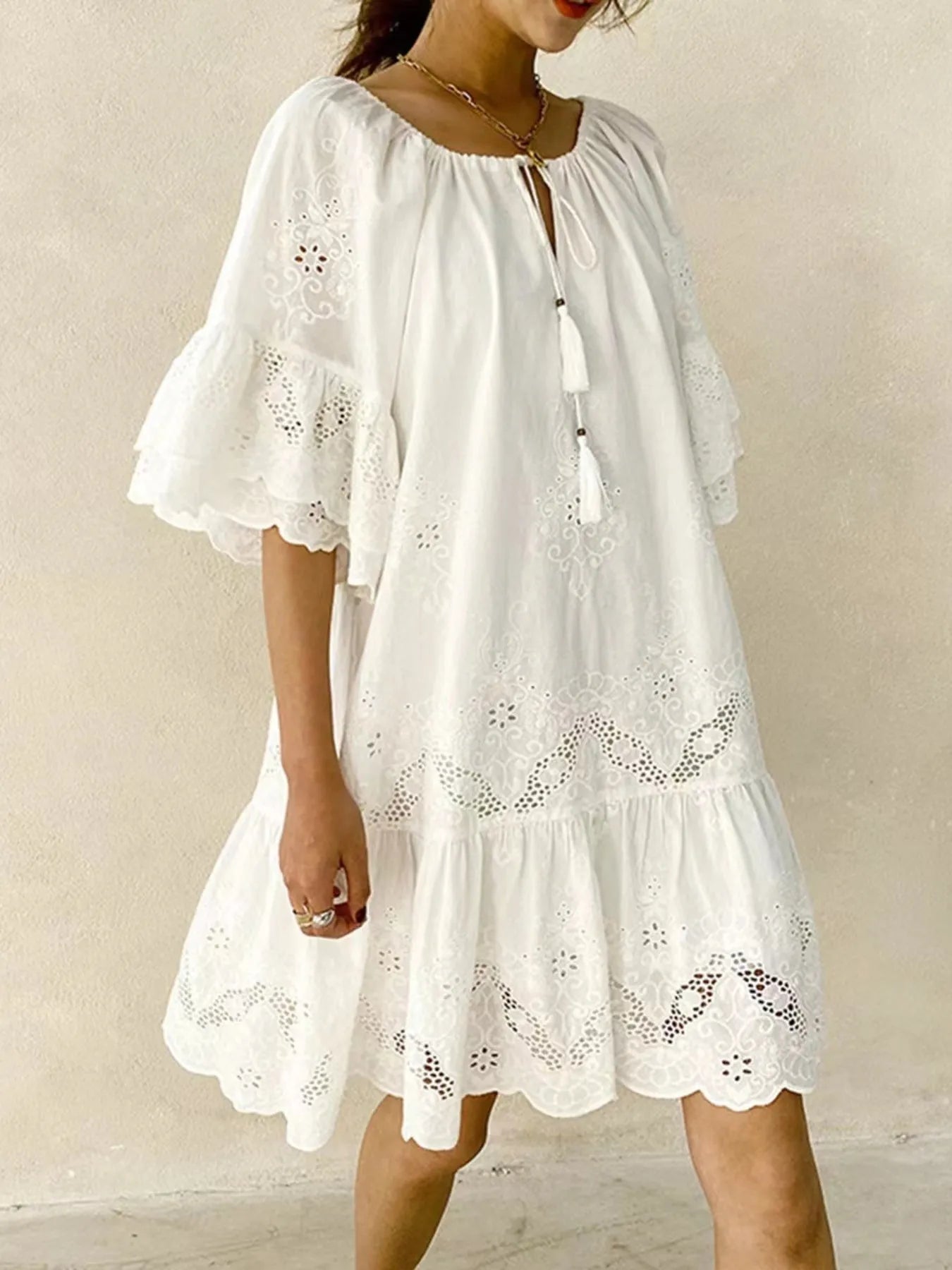 Eyelet Embroidered Tassel Tie Neck Dress - -
