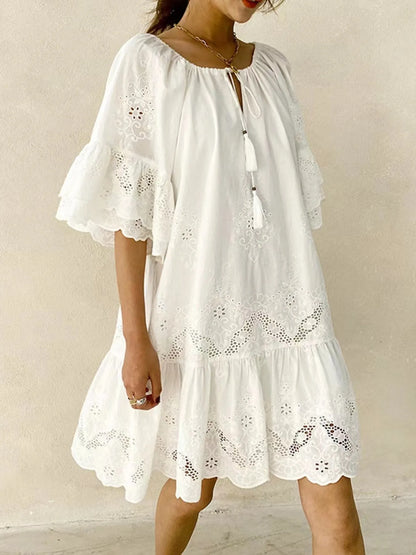 Eyelet Embroidered Tassel Tie Neck Dress - -