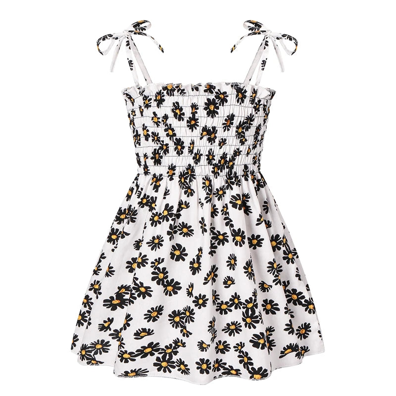 Girls Sleeveless Cotton Flower Print Sundress black white