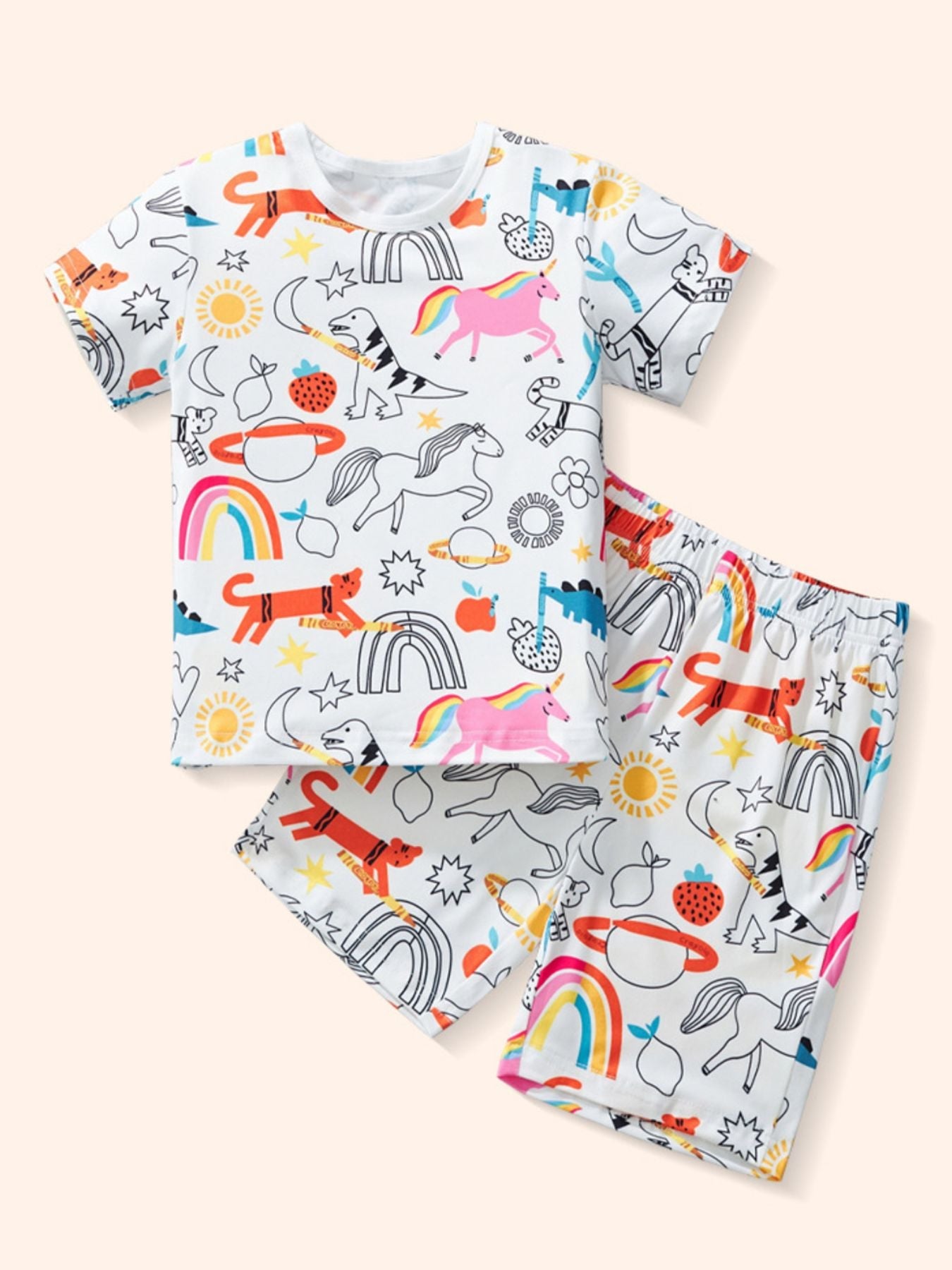 Children's Cartoon Print Round Neck Tee and Shorts Set - Multicolor -
