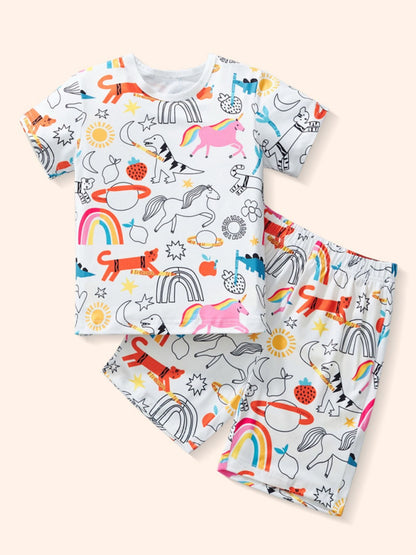 Children's Cartoon Print Round Neck Tee and Shorts Set - Multicolor -