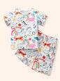 Children's Cartoon Print Round Neck Tee and Shorts Set - Multicolor -