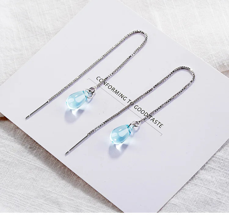 Blue Crystal Water Drop Earrings 925 Sterling Silver Long Tassel Earrings Chain