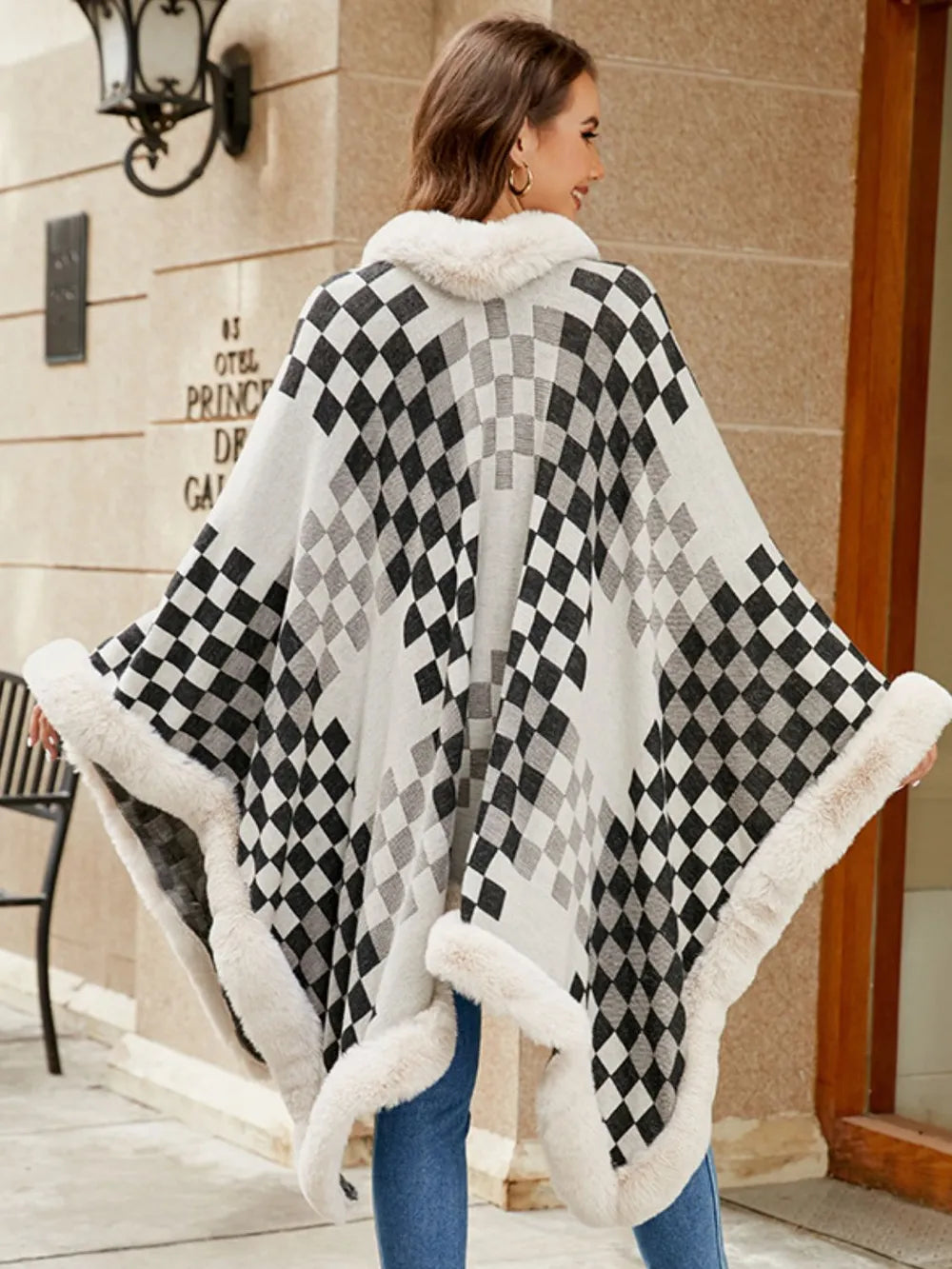 Fuzzy Checkered Long Sleeve Poncho - -